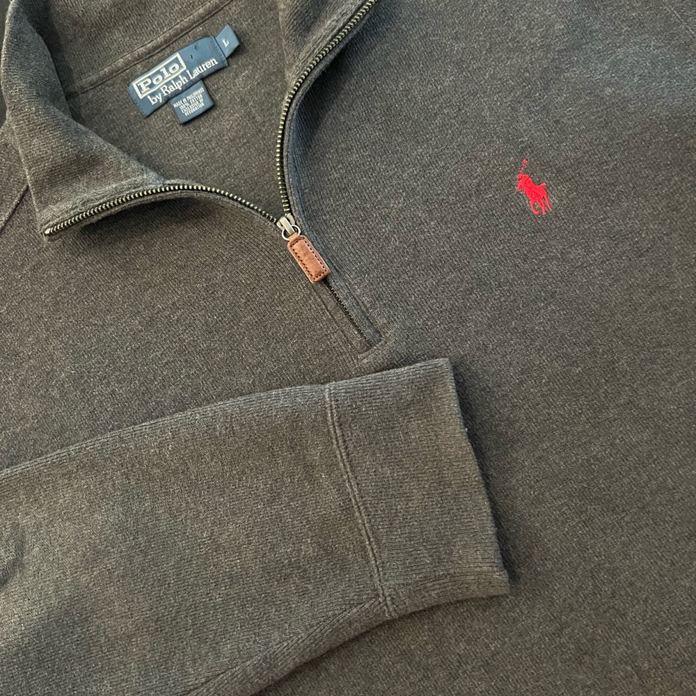 Ralph Lauren Men's Charcoal Zip-Up Sweater with Red Polo Pony